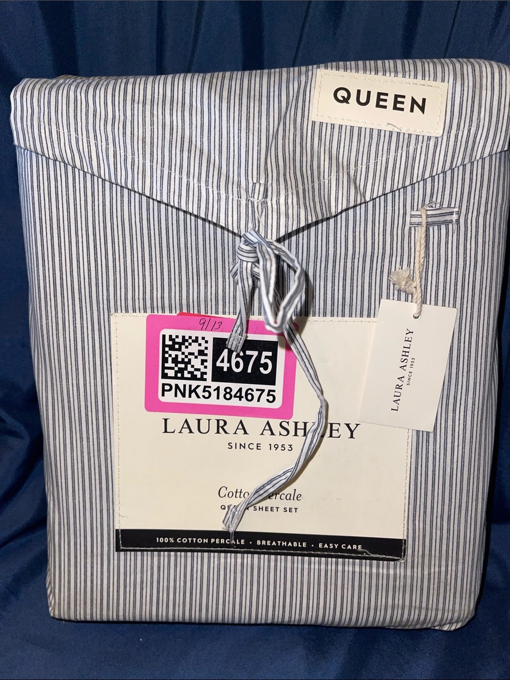 Laura Ashley Blue and White Pinstripe Cotton Percale Queen Sheet Set